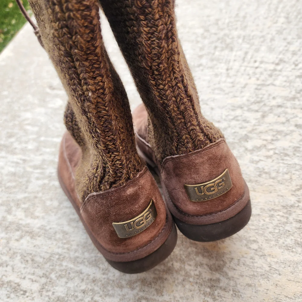 UGG Suburb Crochet Knit Tall Boots Women Size 8, Brown Leather‎ Sheepskin